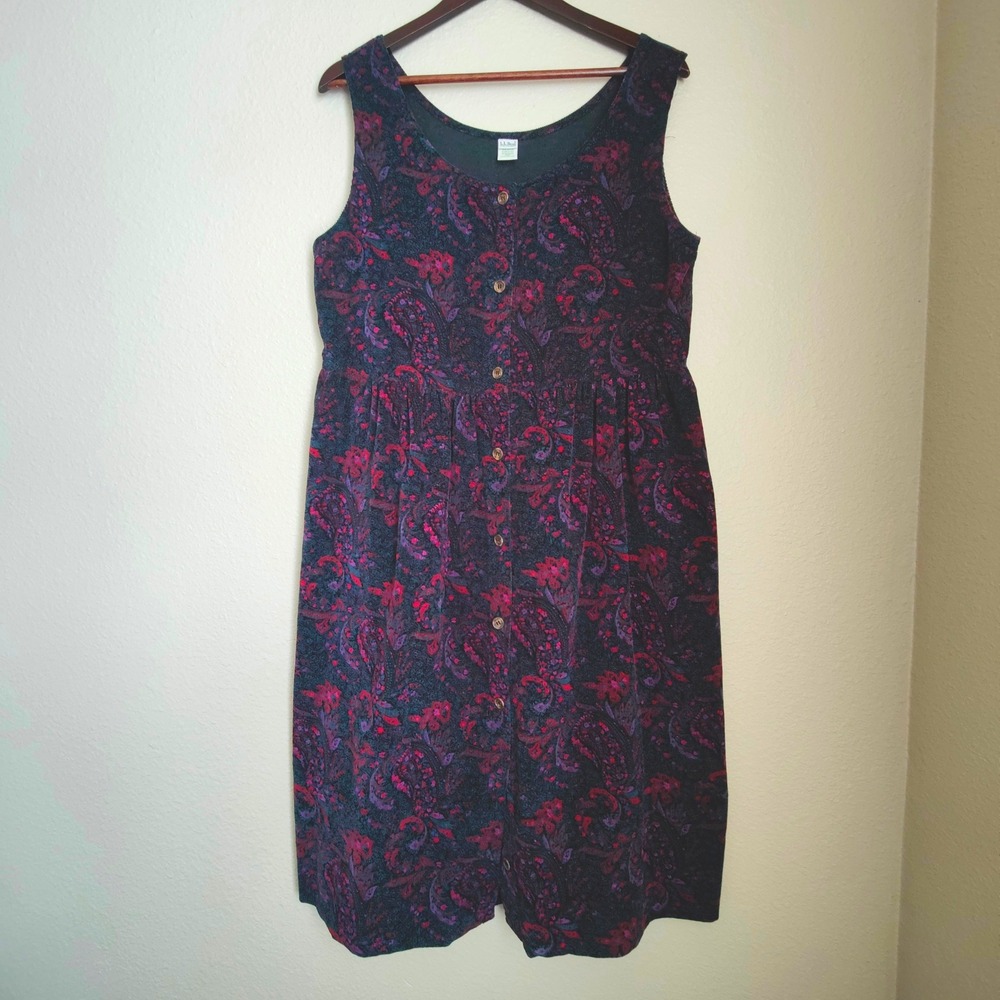 L.L. Bean Paisley Corduroy‎ Pinafore Dress Cottagecore Button Front Vintage USA